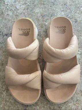 Sorel Women's Padded Double-Strap Slide Sandals in Nude.